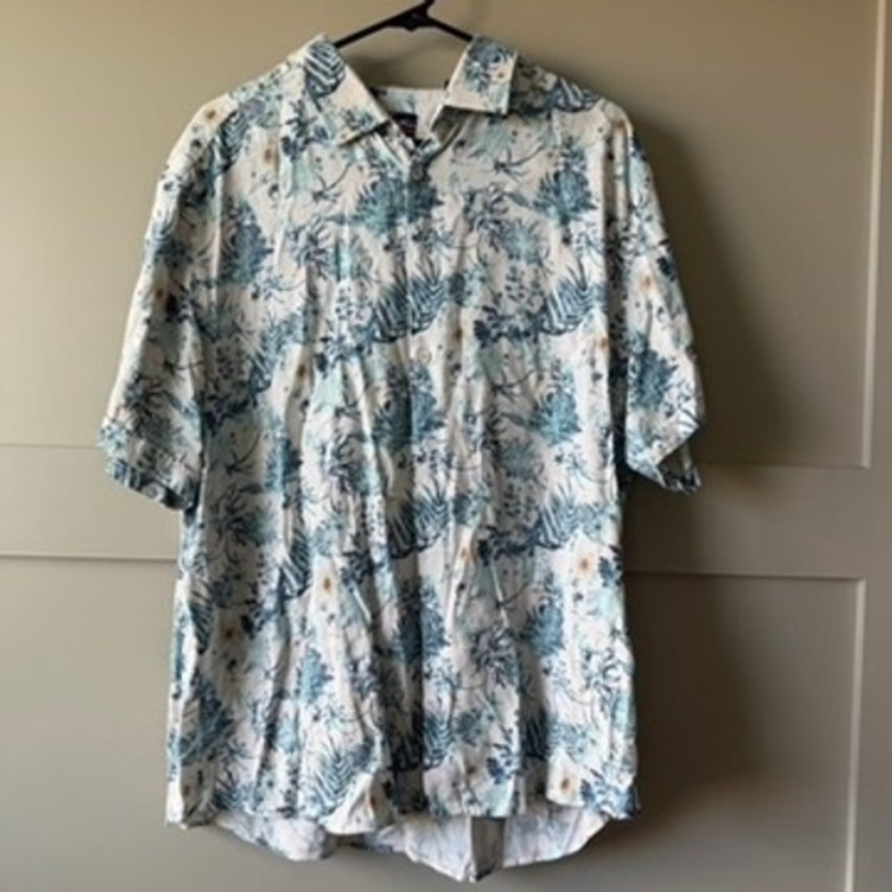 Soul‎ of London Tropical Floral Linen Blend Button Shirt Mens 2XL Blue White